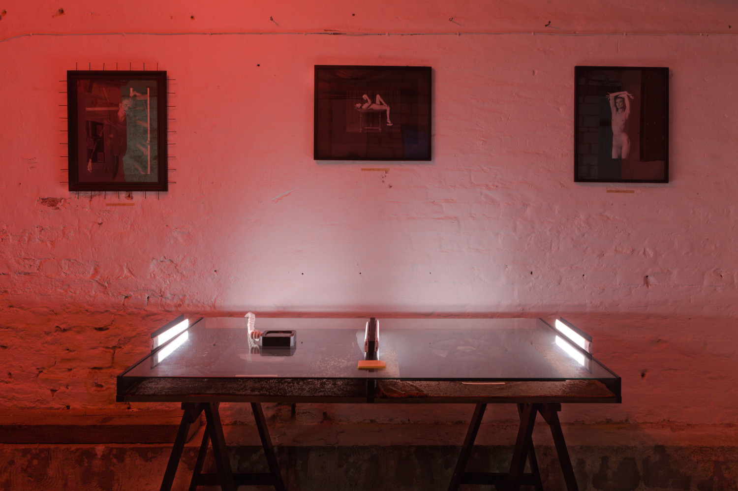 Installation view from photographic art exhibition at Pandora Art Gallery, Berlin, Germany. Three photographs mounted on the wall, two photographs displayed on a table under glass. 