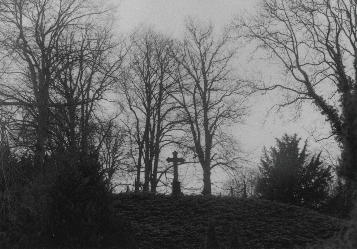 Freidhof, Barth by Johnny Welch. Photograph of a cross gravestone amongst trees in a foggy landscape