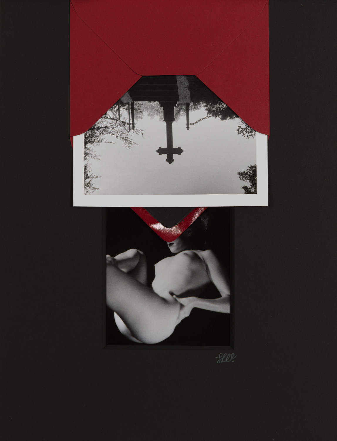 Corpus/Cross I by Johnny Welch. Photographic collage of a nude woman and an upside-down photograph of a gravestone inside a red envelope. 