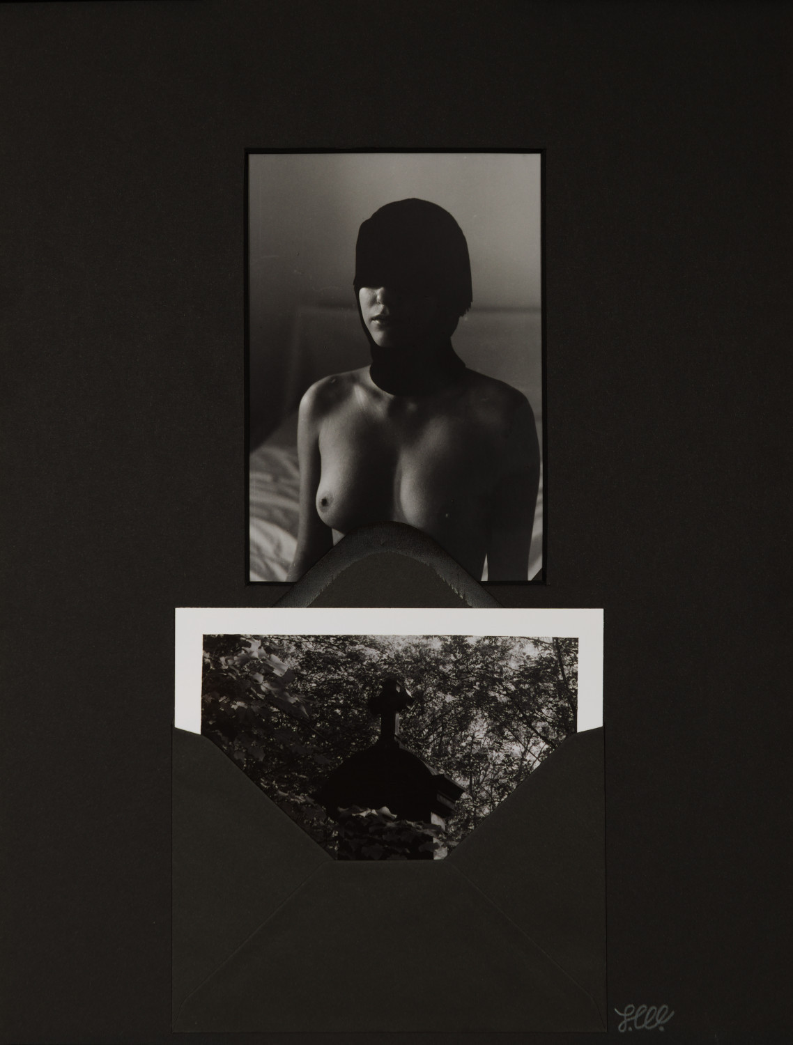 Corpus/Cross V by Johnny Welch. Photographic collage of a nude woman wearing a black hood and a photograph of a gravestone cross inside a black envelope.