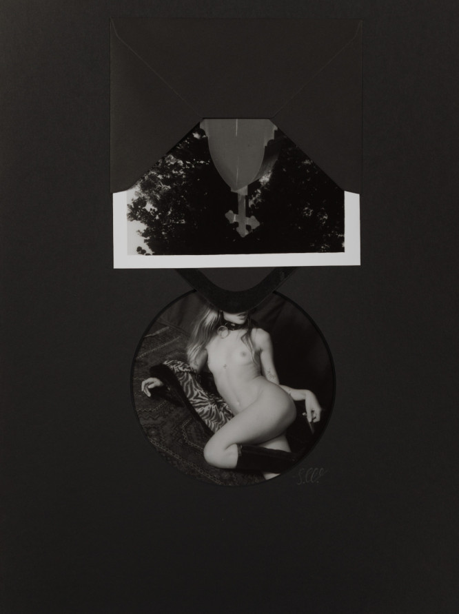 Corpus/Cross IX by Johnny Welch. Photographic collage of a nude woman wearing a fur coat, boots and choker and an upside-down photograph of a gravestone inside a black envelope. 