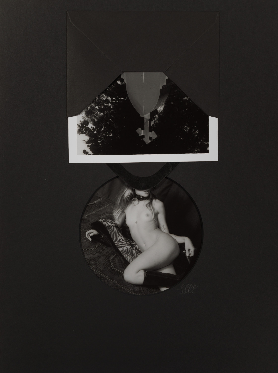 Corpus/Cross IX by Johnny Welch. Photographic collage of a nude woman wearing a fur coat and boots and a photograph of an inverted cross a gravestone inside a black envelope