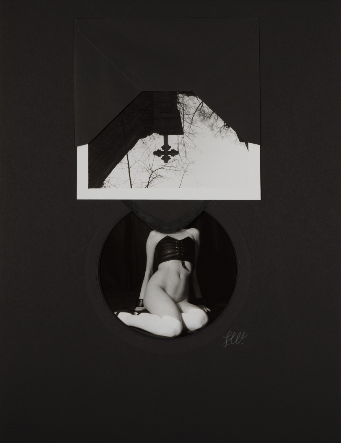 Corpus/Cross VII by Johnny Welch. Photographic collage of a semi-nude woman wearing a corset and stockings and a photograph of a gravestone cross inside a black envelope
