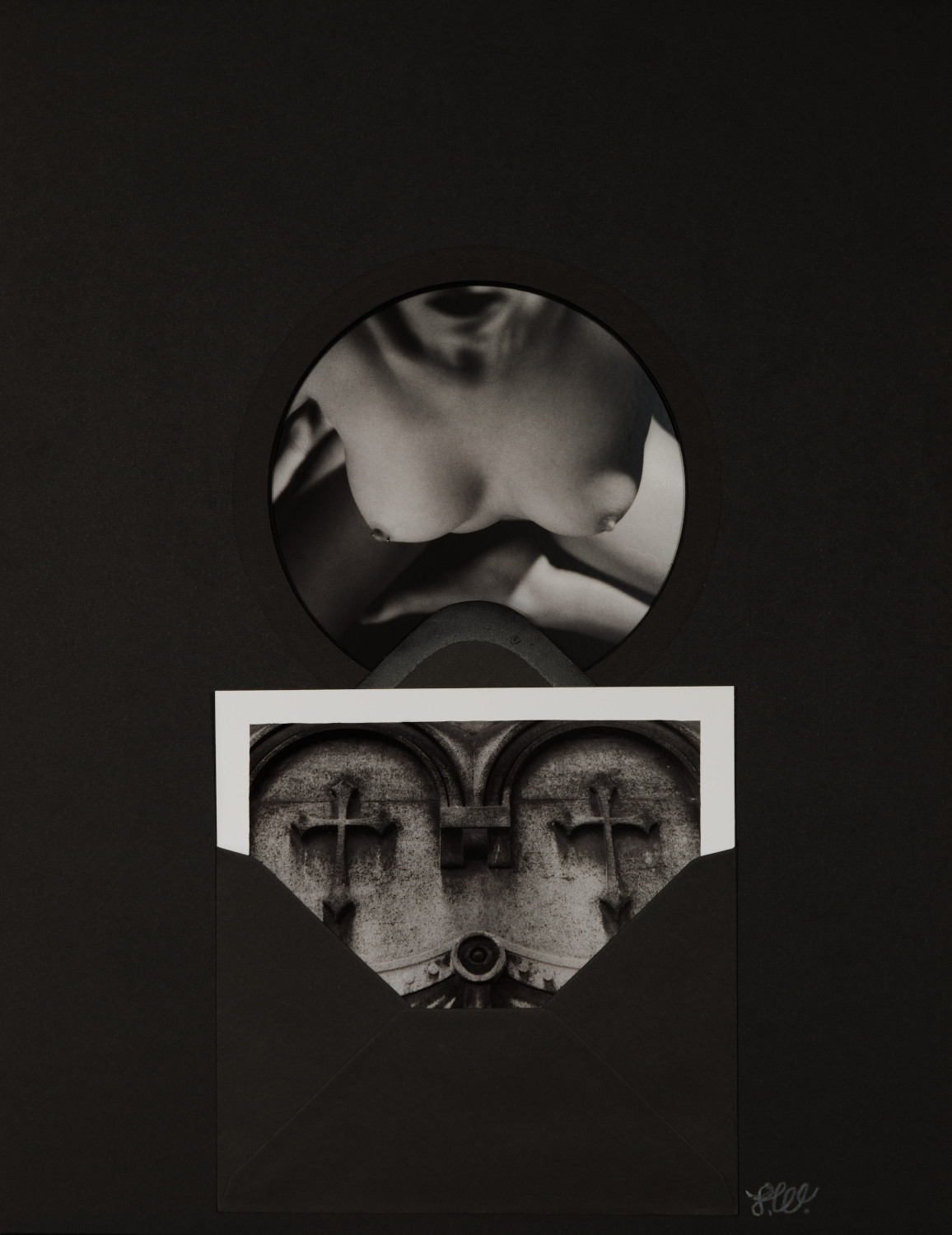 Corpus/Cross IV by Johnny Welch. Photographic collage of a nude woman and a photograph of a gravestone with two crosses inside a red envelope.