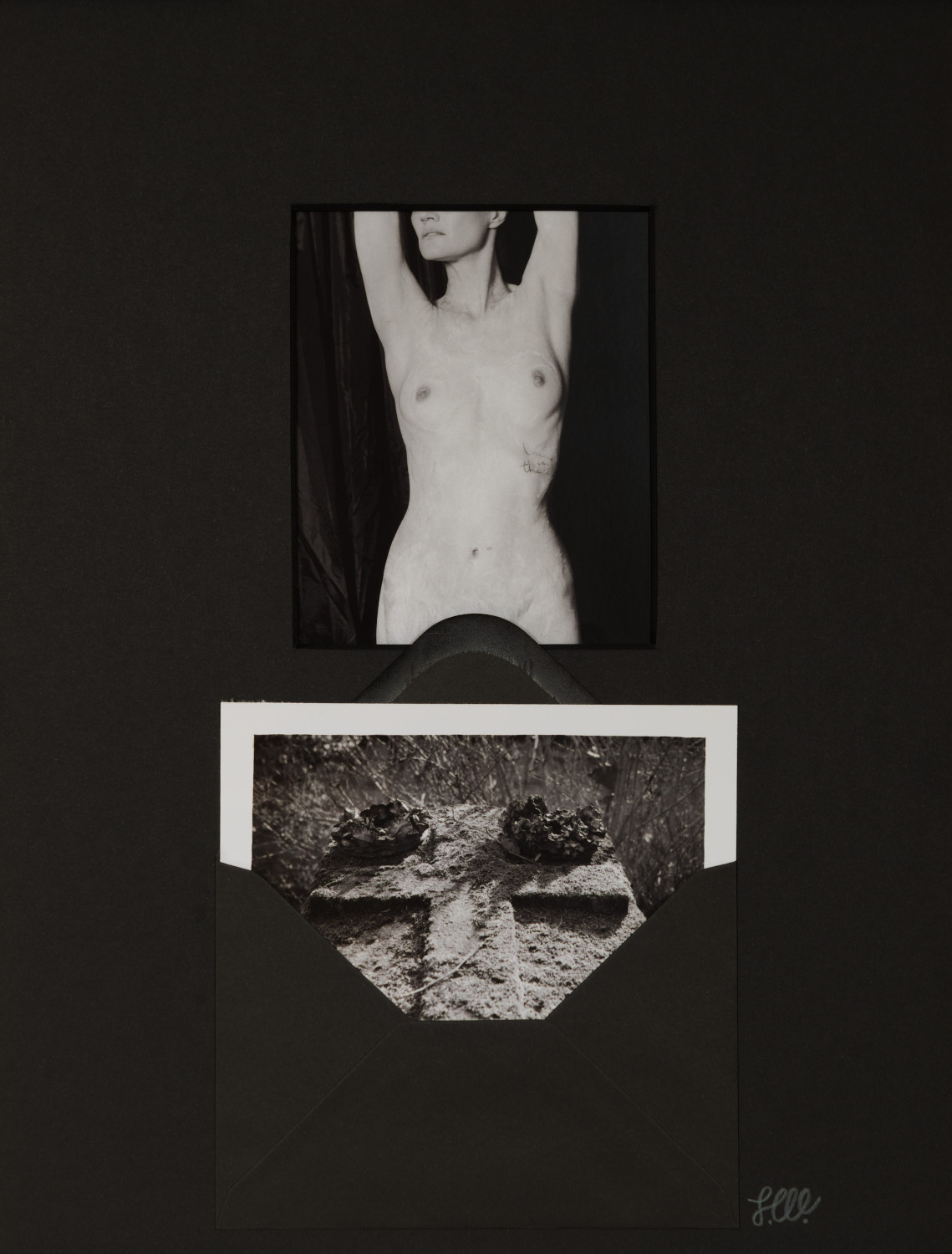 Corpus/Cross VI by Johnny Welch. Photographic collage of a nude woman and a photograph of a gravestone cross with two flower reefs inside a black envelope.
