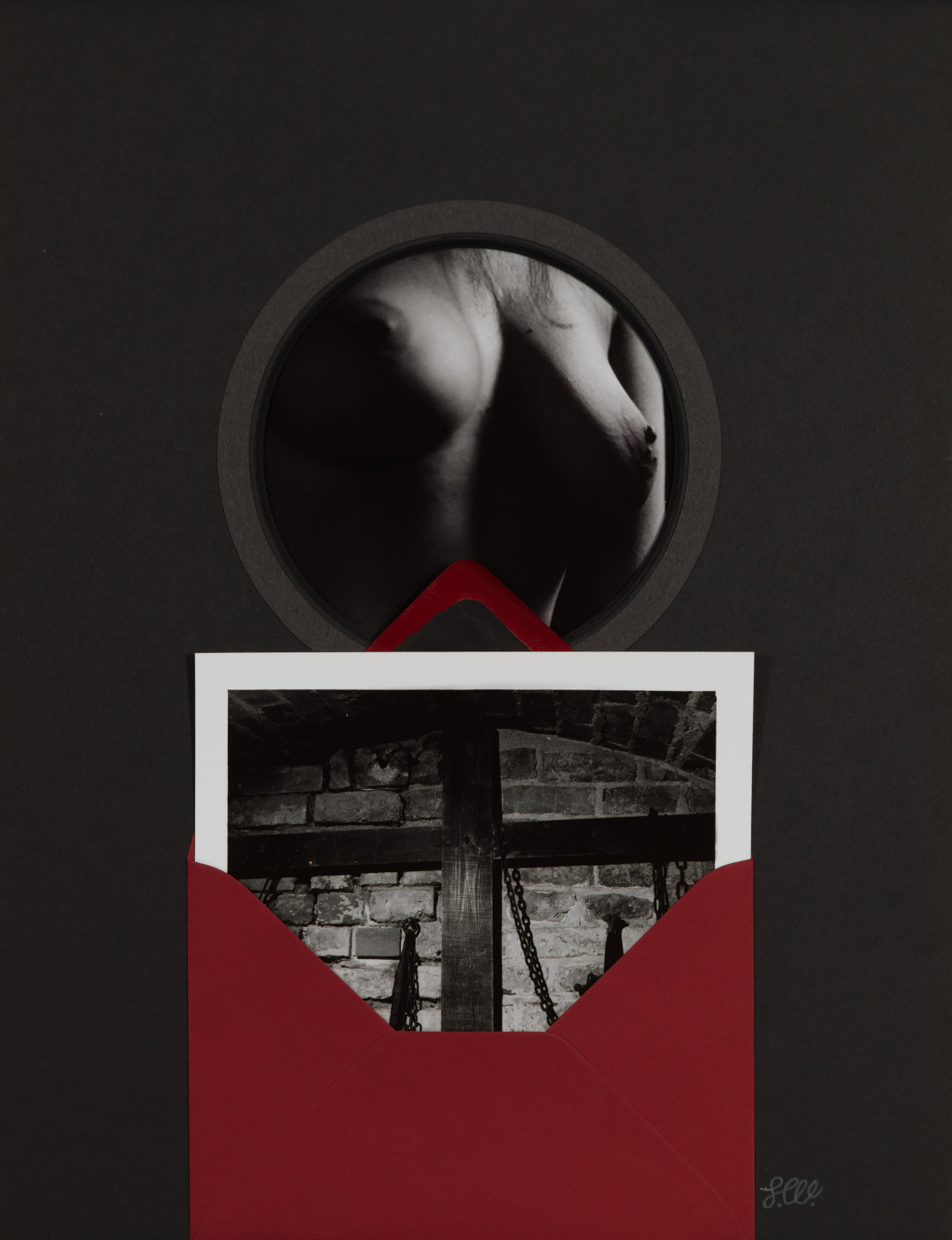 Corpus/Cross III by Johnny Welch. Photographic collage of a closeup of a woman's breasts and a photograph of a wooden cross inside a red envelope.