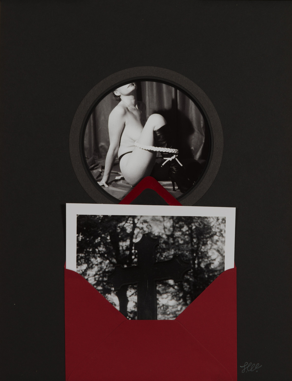 Corpus/Cross II by Johnny Welch. Photographic collage of a semi-nude woman tied with rope and a photograph of a gravestone cross inside a red envelope.