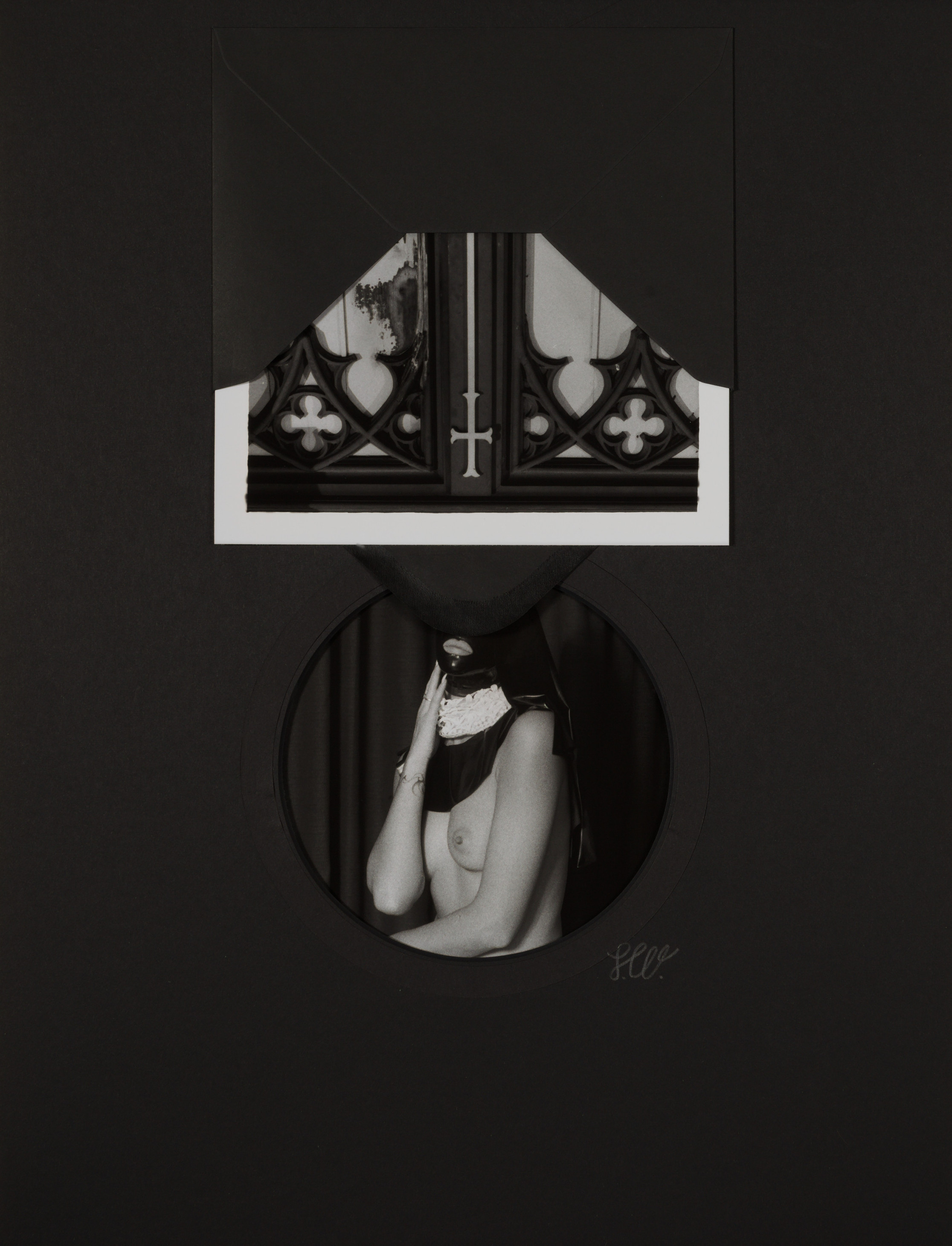 Corpus/Cross VIII by Johnny Welch. Photographic collage of a nude woman wearing a black latex hood and a photograph of an inverted cross on a church door inside a black envelope